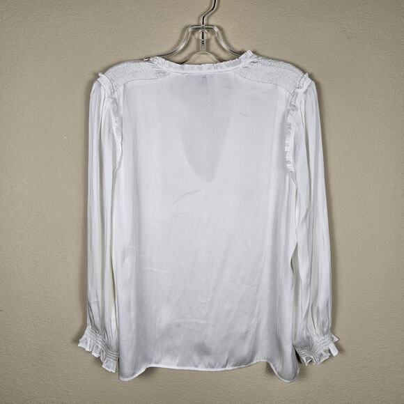 PAIGE Kaylynn Smocked Blouse Tassels City Chic Matte Satin Boho White Womens M - Picture 7 of 16